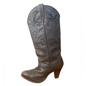 Vintage 1970s Dan Post Heeled Women’s Cowboy Boots Grey and Blue, Size 7.5 M